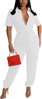[ZonJie] Women's Summer Casual Jumpsuits Short Sleeve Button Up Cute Loose Drawstring Waist Wide Leg Jumpsuit Romper, 923white, Medium