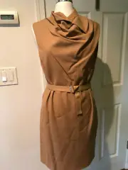 NWT Designer CARVEN camel asymmetric wool draped shift dress belted US 10 FR 42