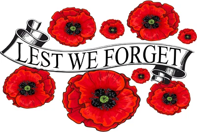 "Lest We Forget" banner Red Poppy Day 11/11 Nov Remembrance Armistice Dday VE VJ