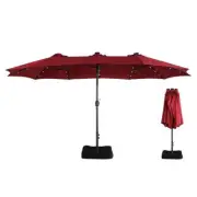 Clihome Patio Umbrella 15' Weather Resistant Solar Lights Outdoor Red W/ Stand