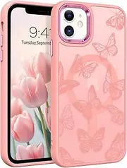 DUEDUE Magnetic Case for iPhone 11, iPhone 11 Case [Compatible with Magsafe] Butterfly, Skin-Touch TPU Protective Shockproof Slim Cover for iPhone 11 6.1" for Girls Women, Pink