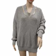 Nevenka Womens V Neck Sweaters Hollow Out Knit Pullover-Grey
