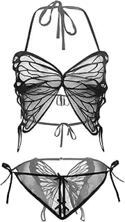 [Holiberty] Women Sexy Lace Garter Lingerie Set Butterfly Bra Panty Set Sheer Mesh Unlined Underwear with Adjustable Strappy