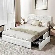 Levede Queen Bed Frame Platform Tufted Adjustable Headboard 4 Storage Drawers Bedroom Room Decor Home Furniture, Mattress Base, Reinforced Slats, 300kg Capacity(212 cm x 164cm x 30cm, Cream)