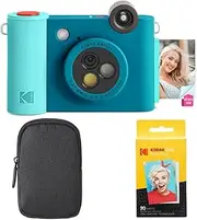 [KODAK] Smile+ 2-in-1 Digital Instant Print Camera & Wireless Bluetooth Photo Printer Starter Bundle + Carrying Case + Zink 20pk Sticky-Back Photo Paper - 10MP, Special-Effect Rotating Lens - Blue