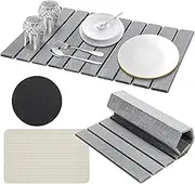 Diatomaceous Earth Dish Drying Mat, Fast Dry Stone Kitchen Counter Pad, Foldable Large Absorbent Dish Drying Stone Mat for Kitchen Dishes Bottles Cups Bathroom Any Countertop (Grey, 60x39cm)