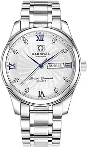 [carlien] Men'sCalendar Automatic Mechanical Silver Stainless Steel Sapphire Waterproof White Wristwatch, White, 39mm, Fashion