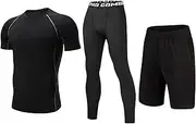 [Yumenam] Mens 3Pcs Compression Running Suits Compression Short Sleeve Tops + Breathable Compression Leggings + Sports Shorts with Pockets Workout Clothes Set for Running Fitness Workout Training Gym