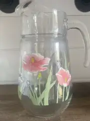 Vintage Flowered 7 Pc Beverage Set, Circleware Poppy 8” Pitcher & 6 Glasses 5”