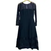 NEW Aidan Mattox black lace shadow striped crepe evening cocktail midi dress