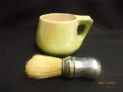 VINTAGE PATES AUSTRALIAN POTTERY SHAVING MUG LUSTRE GREEN 1960s CHROME BRUSH