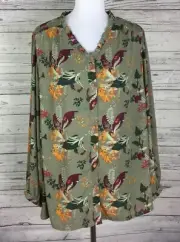 Well Worn Blouse Top Plus Size 2X Multicolor Floral Ruffle V-Neck Button Front
