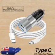For iPhone 16 15 Pro Max Samsung Dual USB C PD Fast 40W Car Charger Adapter Cord