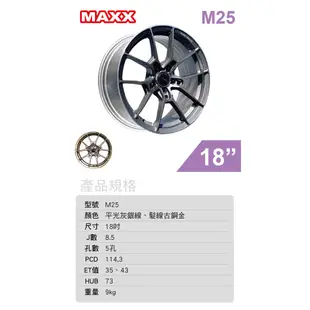 MAXX 旋壓鋁圈輪框 M25 18吋 5孔114.3/8.5J/ET35/ET43(灰/銅)【真便宜】