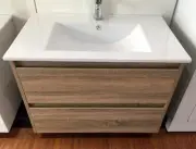 CERAMIC TOP 750mm BATHROOM WALL VANITY SOFT CLOSING DRAWERS & WOOD GRAIN FINISH