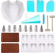 Swpeet 8Pcs Heart Silicone Chocolate Molds Assorment Kit, Including Letter and Number Cookie Mold with 2Pcs Mini Wooden Hammers for Home Kitchen DIY Baking