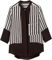 [Generic] Women's Striped Spliced Round Neck Shirt Spring-Summer Half Sleeve Fashion Single-Breasted Pockets Blouse