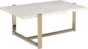 Benjara Modern Metal Framed Coffee Table with Faux Marble Top, White and Gold