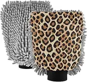 XYMZR Leopard Skin Pattern Seamless Absorbent Microfiber Car Wash Mitt, Funny Cute Anime Scratch Free for Cars Cleaning, Home Cleaning Mitts, 2 Pack, 10.24” L x 7.09” W