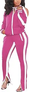 [BOGURST] Women 2 Piece Outfit Casual Off Shoulder Patchwork Color Block Sweatsuits Long Pant Set Lounge Tracksuits