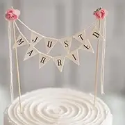 Wedding Cake Topper,Vintage Affair Rustic Just Married Wedding Cake or Cheese Bunting,Handmade Pennant Flags with Wood Pole Ivory (with Pink Rose)