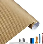 LZLRUN 3D Gold Carbon Fiber Vinyl Wrap Roll with Air Release Bubble Free Adhesive Film for Car DIY Interior Exterior with Installation Tools (1FT x 10FT)
