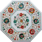 White Marble Coffee Table Top Floral Pattern Inlay Work Side Table for Office
