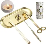 4 in 1 Candle Accessory Set - Candle Wick Trimmer, Candle Wick Dipper, Candle Wick Snuffer, Storage Tray Plate, Candle Care Tools Candle Lovers for Cosmetics Metal Storage (Gold)