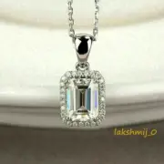 14K White Gold Finish 2.45CT Emerald Cut Diamond Halo Jewelry Pendant