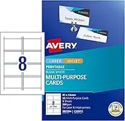 Avery Printable Multi-Purpose Cards - Conferencing Supplies - Name Cards, Customisable Place Cards or Business Cards, 85 x 50 mm, 40 Cards / 5 Sheets, 260 GSM (982504 / C32072)