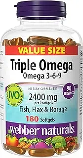 Webber Naturals Triple Omega 3-6-9, 1,200 mg Fish Oil Per Softgel, High Potency, 180 Softgels, No Fishy Aftertaste, Ultra-Purified, for Heart, Brain and Cardiovascular Health, Gluten & Shellfish-Free