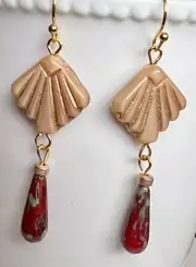 Etched Gold and Deep Red Picasso Teardrop Earrings. Boho Chic.