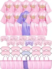 Bokon 40 Pcs Girls Spa Party Supplies 10 Birthday Squad Princess Robe 10 Tote Bags 10 Headbands 10 Spa Masks for Birthday, Pink, Light Purple, 12