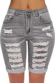 [roswear] Women's Distressed Knee Length Ripped Stretchy Jean Shorts