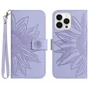 HT04 Phone Case for iPhone 15 Pro ,Sunflower Pattern Stand Leather Wallet Cover with Hand Strap