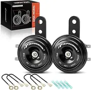 A-Premium Dual Universal Horn High Low Tone Waterproof Round Loud Horn - 12V 4A 110dB 430Hz 370Hz - Compatible with Motorcycles, Scooters, Mopeds, ATVs, Go-Karts, Vespas, Dirt Bikes & Pocket Bikes