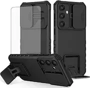 Asuwish Phone Case for Samsung Galaxy S24 5G with Tempered Glass Screen Protector and Slide Camera Cover Kickstand Stand Slim Protective Mobile Hard Cell Accessories S 24 24S GS24 G5 Women Men Black