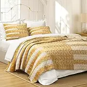 Wonderful Patchwork Stitched Quilt Set Queen Size, Floral Ginger Yellow Piano Key Lattice Bedding Cotton Blended Coverlet Splicing Bedspread Soft Aesthetic Blanket for All Season