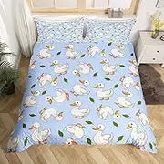 Manfei Cute Ducks Duvet Cover Set Full Size, White Ducks Print Bedding Set for Kids Girls Room Decor, Farm Animals Theme Blue Comforter Cover, Soft Polyester Quilt Cover, 2 Pillowcases, No Comforter