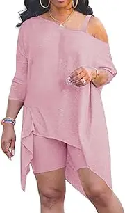 [LovelyWholesale] Womens Plus Size Two Piece Sets Outfits One Shoulder Top Skinny Shorts Tracksuit Sets, Khaki, X-Large