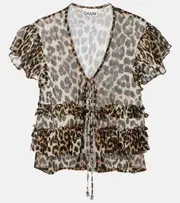 [Ganni] Ganni Leopard-print ruffled chiffon blouse AU 4 multicoloured