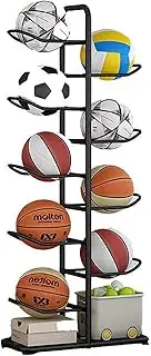 Youngly 10-Tier Basketball, Soccer, Volleyball, Rugby Ball Storage Rack - 146cm x 58cm x 23.5cm Black Metal Rack with Bottom Mesh Storage Layer