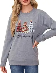 [Asoodiy] Christmas Sweatshirts Women Xmas Top Ladies Merry Christmas Tree Printed Top Drop Shoulder Sweatshirts Holiday Pullover, Grey Xmas Tree, S