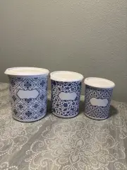 Tupperware One Touch Canister 3 Piece Set - NEW - Blue & White Pattern