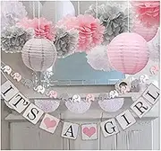 baby girl baby shower decorations, It is a Girl Banners and Paper Lantern Paper Flower Pom Poms (Pink White Grey)