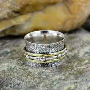 Solid 925 Sterling Silver Wide Band Multi Metal Design Spinner Ring For Women