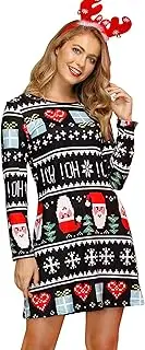 [For G and PL] Women's Christmas Round Neck Long Sleeve Mini Dress Xmas Print Party Costume S-XXL, Santa Ho Ho, XXL
