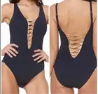 New. Bleu Rod Beattie Black plunge swimsuit with gold lacing. Size 12