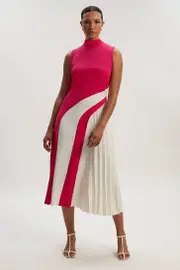 Fluid Tailored Colourblock High Neck Pleated Midi Dress