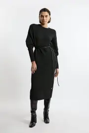 Tall Wool Blend Cosy Knit Belted Midi Dress